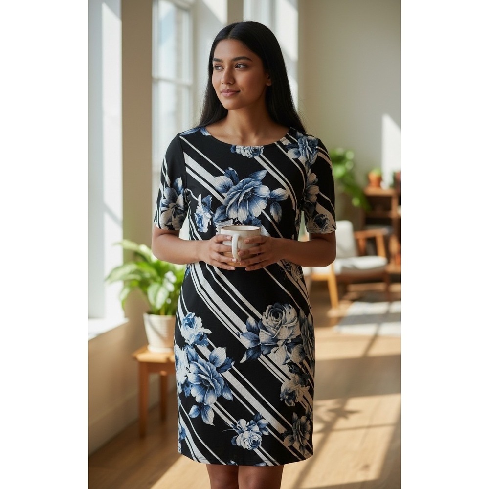 ✨Roz & Ali Women Black Blue Floral Stripe Short Sleeve Knee Length Dress Size M - Picture 1 of 8